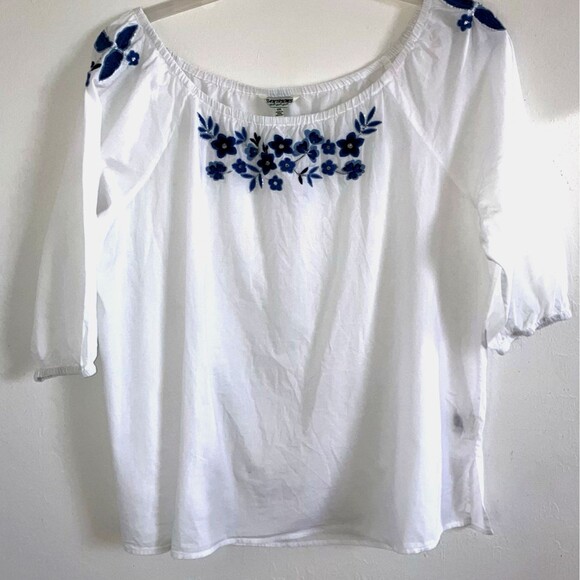 TANTRUMS XXL 1X White 100% Cotton Blue Embroidered Peasant Top 3/4 Puff Sleeve - Picture 1 of 6